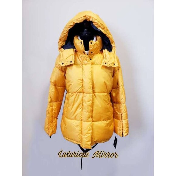Steve Madden Women's Puffer Jacket Yellow Full Zip Hooded Mock Neck New Sz L - Picture 3 of 9
